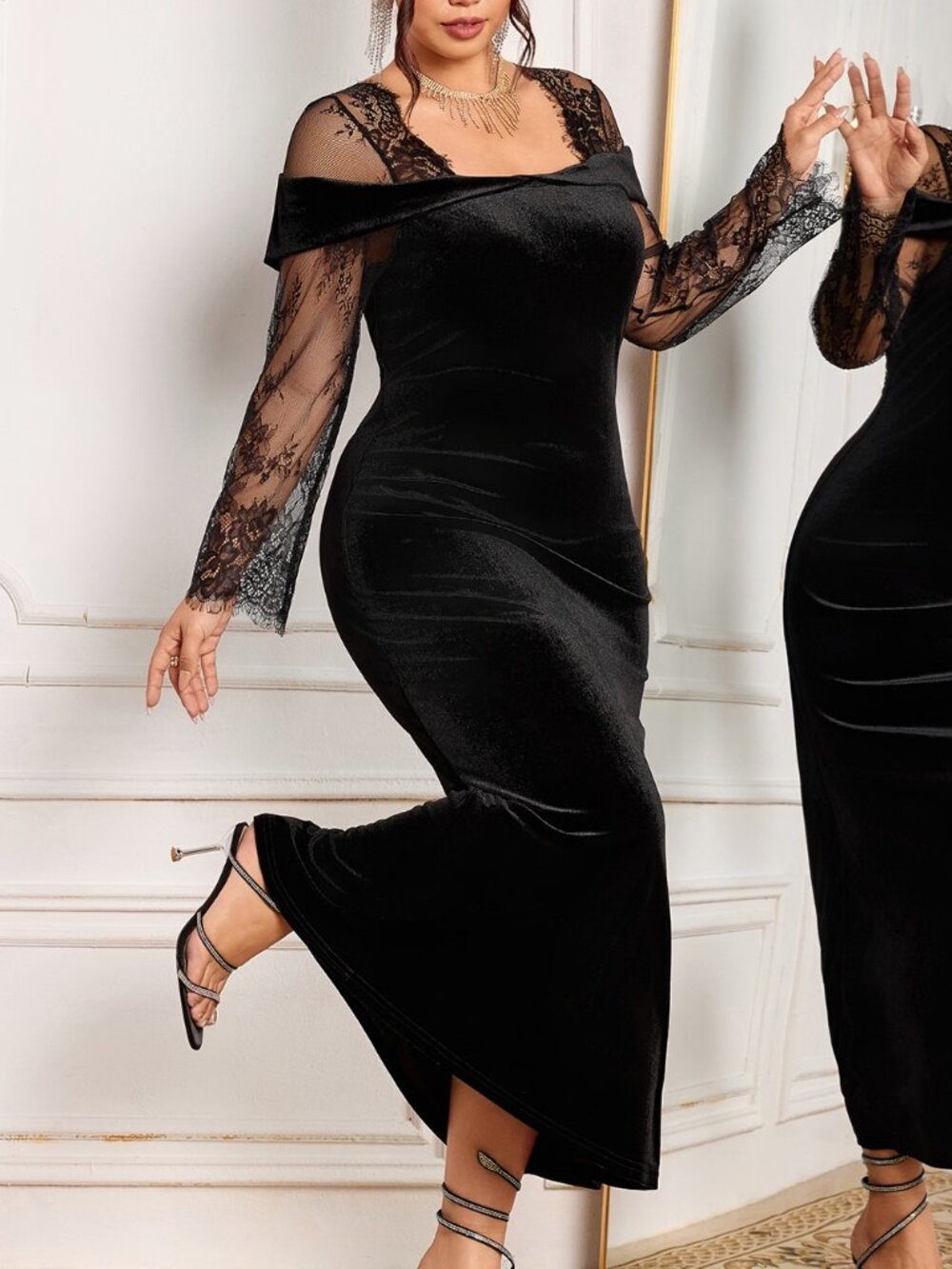Black Casual Women's Square Neck Contrast Lace Mermaid Maxi Dress